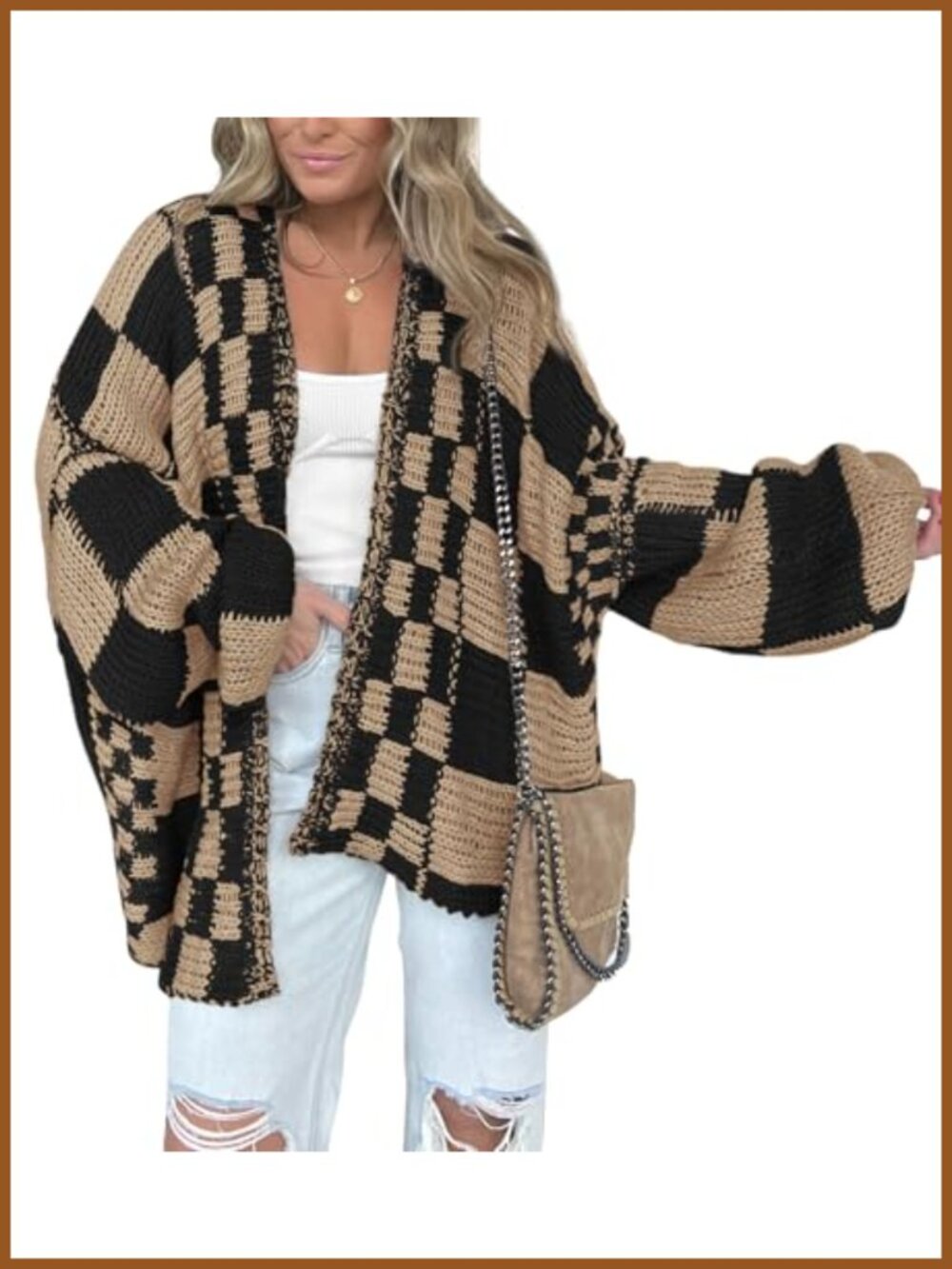 Casual Open Front Cardigan Sweater Long Sleeve V-Neck Chunky Knit Checkered